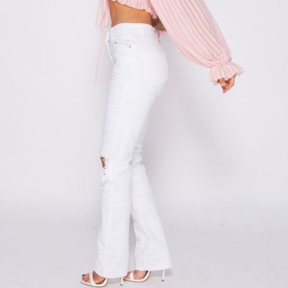 White High Waist Ripped Distressed Straight Leg Jeans Denim Pants - Picture 4 of 8